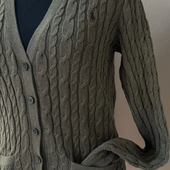 Ralph Lauren Sport Cotton Women’s Olive Cable Knit Button Up Cardigan - Picture 3 of 4